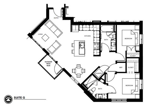 Floor plan for 2 beds, 2 baths, 1047 sqft